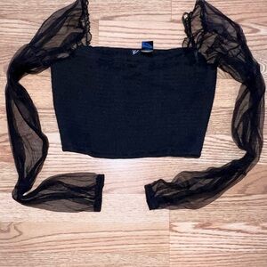 Windsor Black Smocked Crop Top with Sheer Puff Sleeves